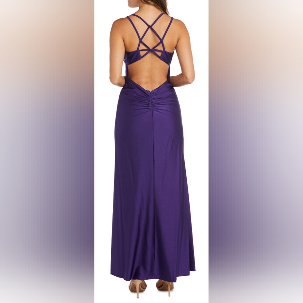 Morgan & Co Power Sateen Slim Hi Slit Deep V Ruched & Strappy Back Size 7 NWT - Picture 4 of 12